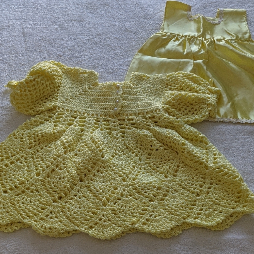 Soft Yellow Crochet Infant Dress Set with Intricate Lace Design